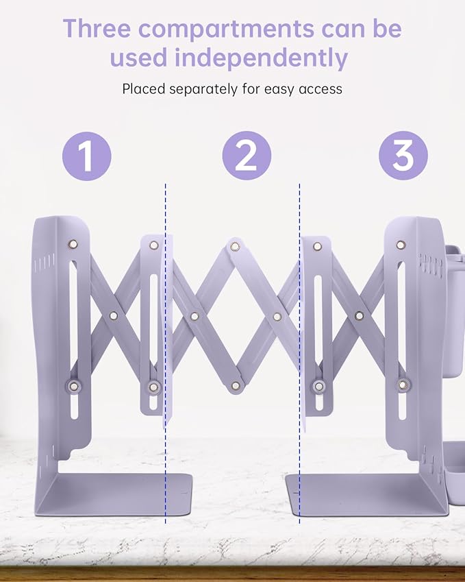 Honagu Adjustable Bookends, Metal Book Ends for Shelves Heavy Book, Desk Magazine File Organizer for Home, Office, Books, Papers with Removable Hook, Pen Holder（Light Purple）
