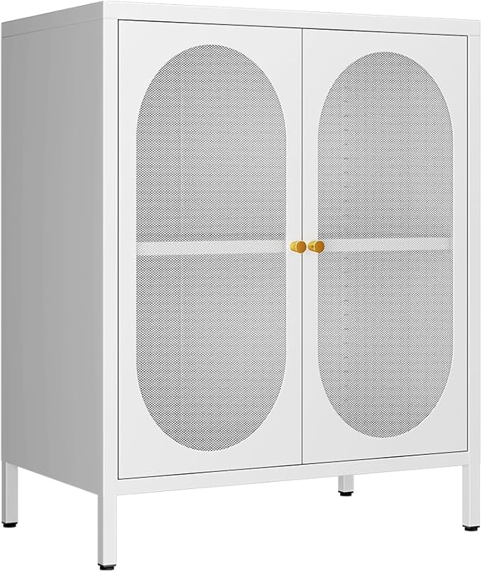 2 Door Accent Cabinet,Metal Storage Cabinet with Adjustable Shelf,Buffet Sideboard for Bed Room,Living Room,Entryway,Hallway,Home,Hotel,Office,Garage,Kitchen,1 Removable Shelf. (Mesh Door, White)