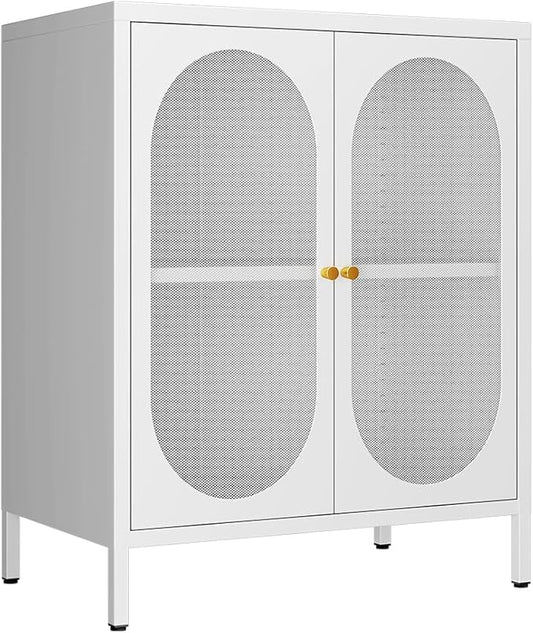 2 Door Metal Mesh Storage Cabinet with 1 Adjustable Shelves-Steel Locker Cabinet for Living Room, Bedroom, Hallway, Office Room, Home, Hotel, Kitchen, Garage, 2-Tier (Mesh Door, White)