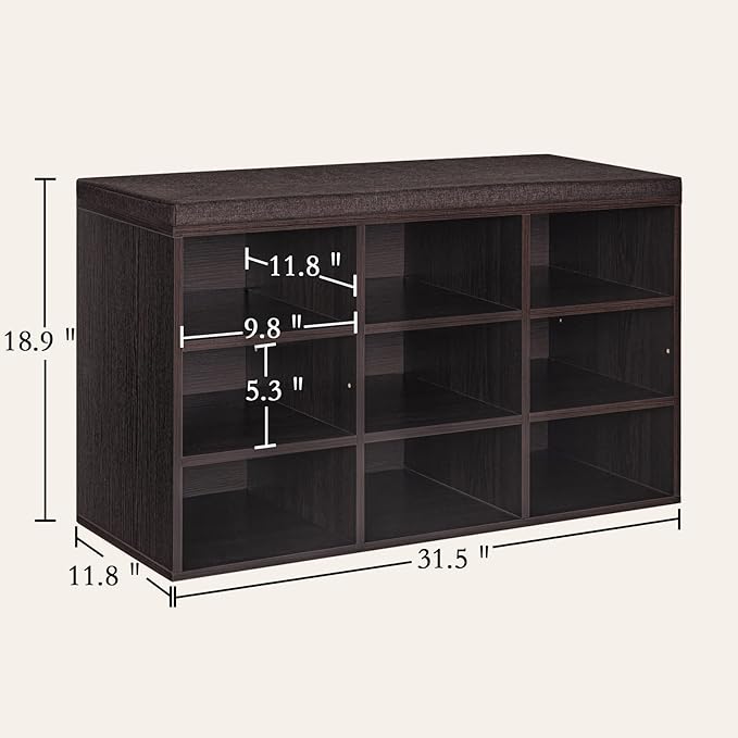 DINZI LVJ Shoe Bench, 9 Cubbies Shoe Organizer for Entryway, Storage Bench with Cushion, Cubby Shoe Rack with Adjustable Shelves for Living Room, Bedroom, Mudroom, Hallway, Espresso-NeatNest