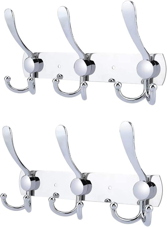 Coat Rack Wall Mounted,3 Tri Stainless Steel Coat Hook for Coat Hat Robes Towel in Mudroom Entryway (Sliver, 2 Pack 3 Hook)-NeatNest