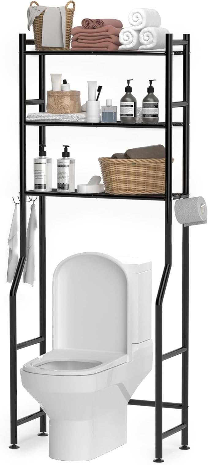 3-Tier Over The Toilet Storage, Space Saver Metal Bathroom Shelves, Freestanding Above Over Toilet Storage Shelf with 4 Hooks for Bathroom, Black-NeatNest