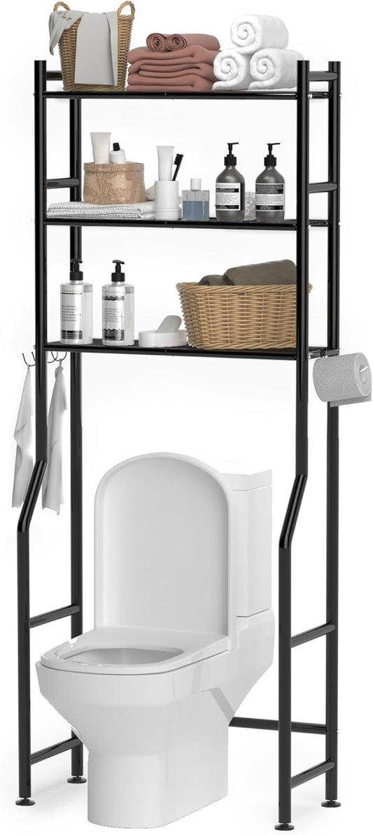 3-Tier Over The Toilet Storage, Space Saver Metal Bathroom Shelves, Freestanding Above Over Toilet Storage Shelf with 4 Hooks for Bathroom, Black-NeatNest