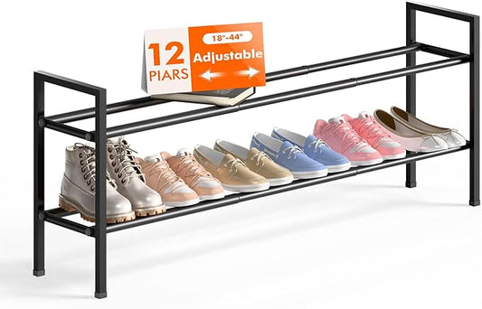 Bumusty 2-Tier Long Expandable Shoe Rack for Closet, 18"-44" Adjustable Shoe Rack for Entryway, 10-12 Pairs Large Shoe Organizer Shelf Storage, Sturdy Metal, Black-NeatNest