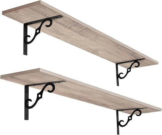 DINZI LVJ Long Wall Shelves, 39.4 Inch Large Floating Shelves Set of 2, Wide Display Shelf Wall Mounted with Brackets, Easy Hanging for Living Room, Toilet, Office, Bedroom, Greige-NeatNest