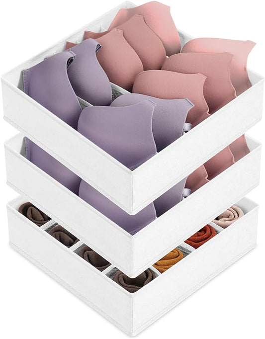 3 Pack Bra Underwear Drawer Organizer Dividers, 26 Cell Fabric Foldable Dresser Closet Organizers and Storage Boxes for Baby Clothes, Bra, Socks, Underwear, Ties (5+5+16 Slots, White)-NeatNest