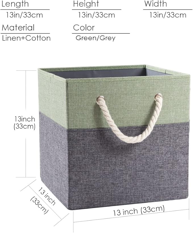 PRANDOM Large Foldable Cube Storage Bins 13x13 inch [2-Pack] Fabric Linen Storage Baskets Cubes Drawer with Cotton Handles Organizer for Shelves Nursery Closet Bedroom Green