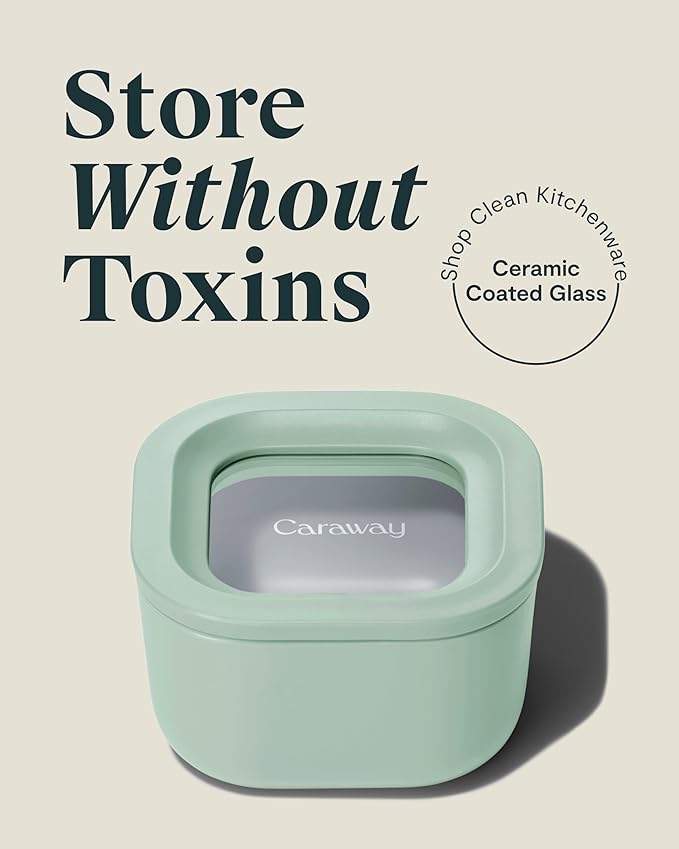 Caraway Mini Square Food Storage Container - 1.75 Cup Glass Storage Container for Food - Non-Toxic Ceramic-Coated Glass - Air Release Technology - Compact & Stackable Design - Mist-NeatNest