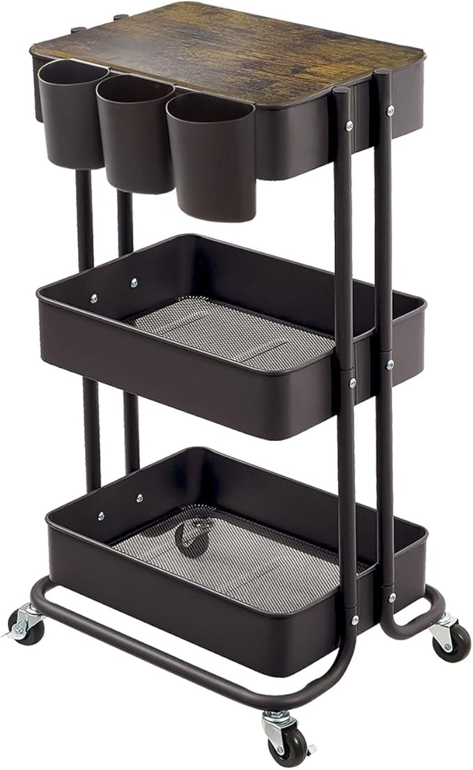 3-Tier Metal Utility Rolling Cart Storage Side End Table with Cover Board and Handle for Office Home Kitchen Organization, Black