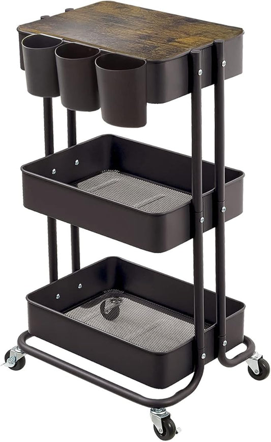 3-Tier Metal Utility Rolling Cart Storage Side End Table with Cover Board and Handle for Office Home Kitchen Organization, Black