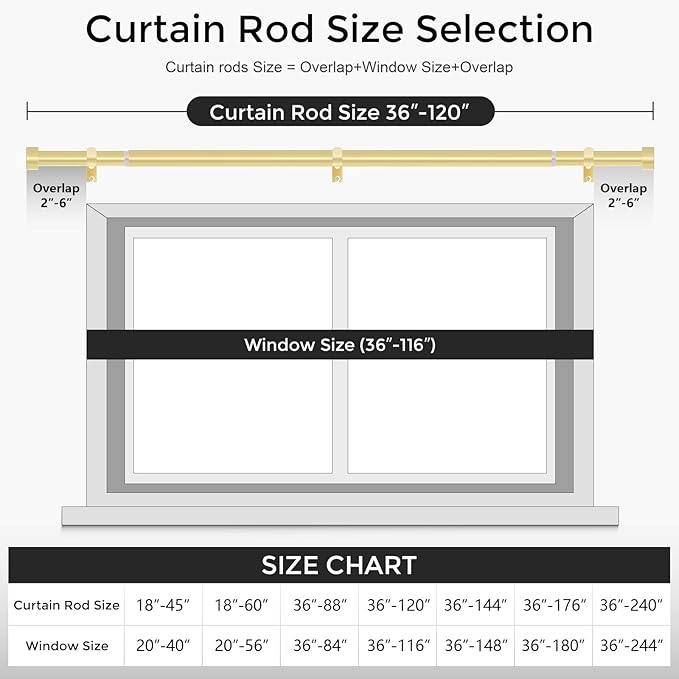 Gold Curtain Rods for Windows 66 to 120 Inch(5.5-10 Feet),1" Diameter Drapery Rods with Modern Style End Cap Finials,Size:36-120 Inch