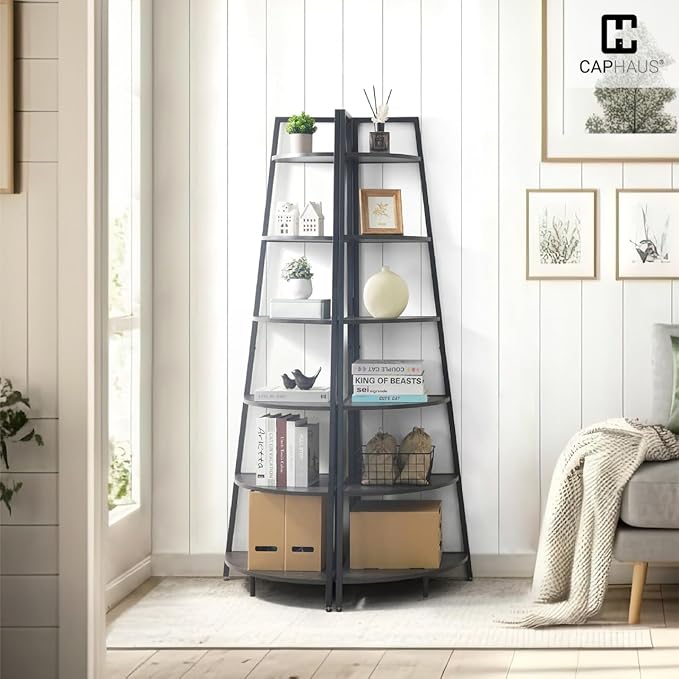 CAPHAUS Tall Corner Shelf Stand, 6-Tier Display Shelves, Ladder Corner Wood Storage Plant Bookshelf with Metal Frame, Versatile Shelving Unit Bookcase for Home Office Space, Black-NeatNest