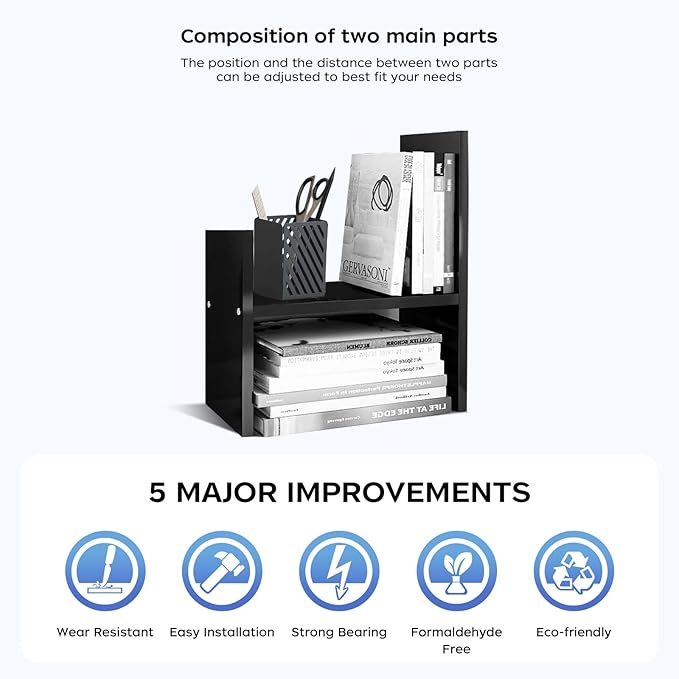 Black Desk Organizer Shelf Wooden Desktop Bookshelf Adjustable Desktop Organizer Shelves Small Book Shelf for Office Desk Supplies Home Storage Natural Stand Decor (Black, Style1)-NeatNest