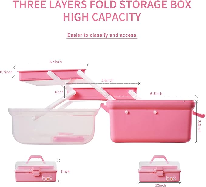 12in Three-Layer Multipurpose Storage Box Organizer Folding Tool Box/Art & Crafts Case/Sewing Supplies Organizer/Family First Aid organizer/Medicine Storage with 2 Trays (Pink)