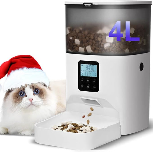 Automatic Cat Feeder, 4L Cat Food Dispenser with 10s Voice Recorder, Pet Feeder up to 8 Meals per Day, Timed Dog Feeder with Dry Food Sealed Ring (White, 4L-Basic)-NeatNest