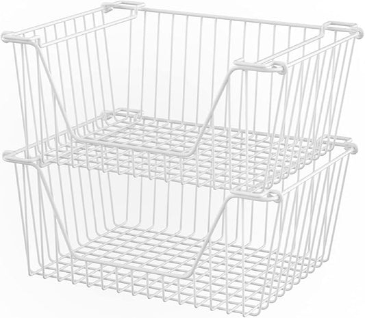 Slideep 14'' Large Stackable Storage Baskets Cabinet Organizer Sturdy Metal Wire Pantry Freezer Bin for Pantry Home Bathroom Kitchen Organization White - 2 Pack