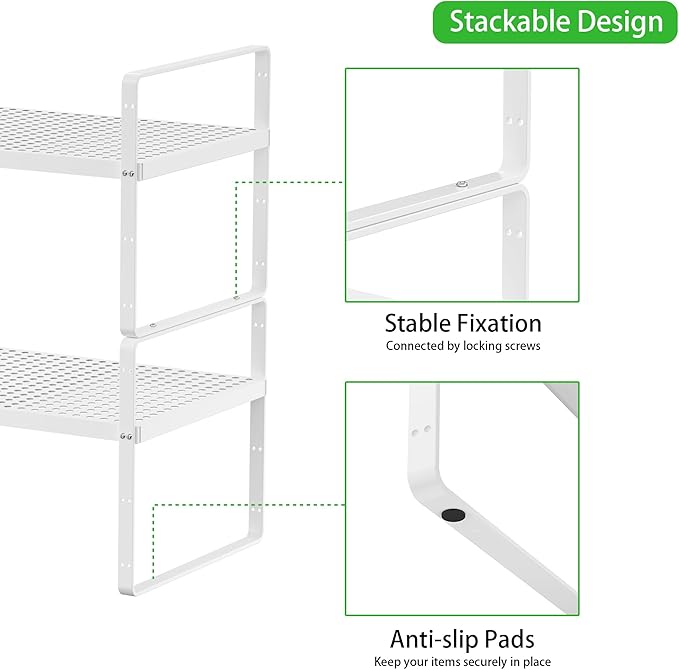 Expandable Cabinet Storage Shelf Stackable Organizer Rack for Kitchen Bathroom Pantry Spice Cupboard Coffee Countertop Home Office Desk Heavy Duty Nonslip White Large 3 Packs-NeatNest