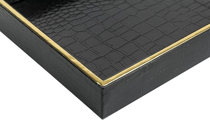 HofferRuffer Faux Leather Vanity Tray, Elegant Desktop Storage Organizer, Decorative Catchall Perfume Tray, Bathroom Valet or Nightstand Dresser Organizer (Black Croco)-NeatNest