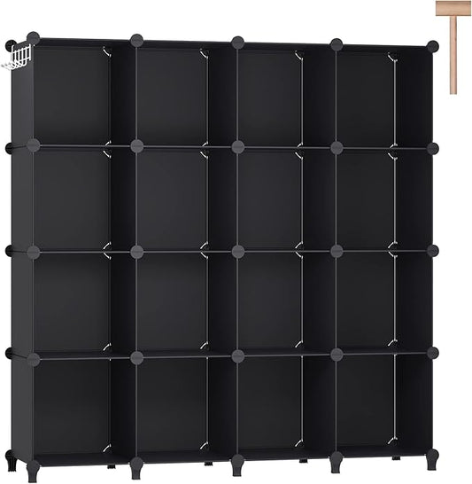 DINMO 16 Cubes Storage Organizer, Bookcase, Display Shelf with Wooden Mallet, Cabinet Storage for Kids, Adult, Office, Bedroom, Bathroom, Black