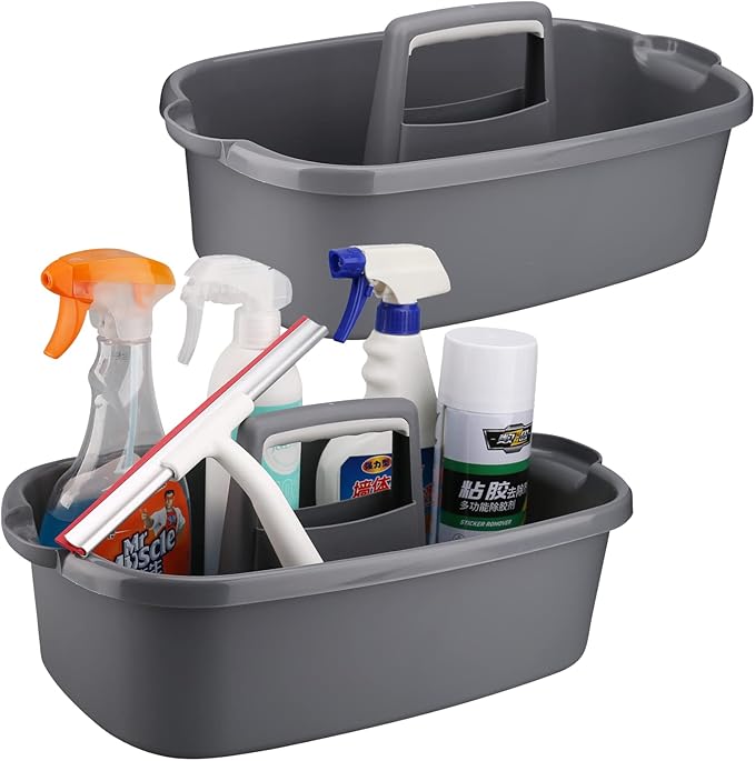 Cleaning Caddy Organizer with Handle, Gray Plastic Bucket for Cleaning Supplies Products, Cleaning Tool Storage Tote, 2 Pack-NeatNest
