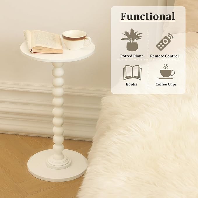 Round Side Table, Small Drink Table for Small Spaces, Modern Accent End Table Nightstand with Solid Wood Leg for Living Room, Bedroom, Corners, and Office (White)