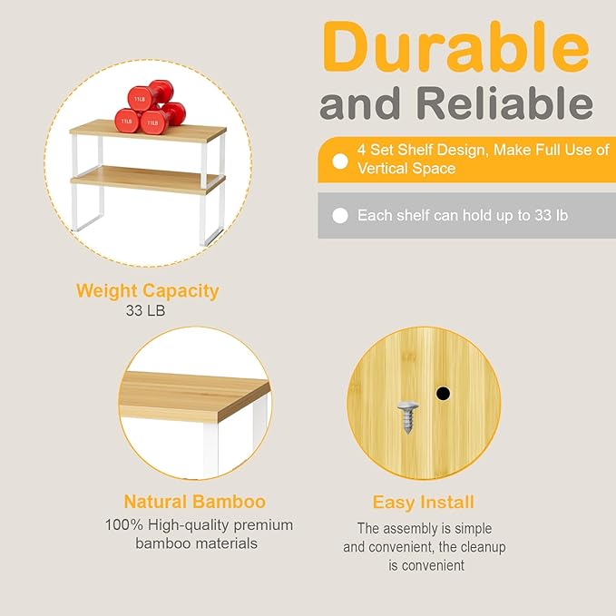 Cabinet Shelf Organizers, 15.7 inches Large Kitchen Counter Shelf, Set of 2 Wood Kitchen Pantry Organizer, Storage Shelves for Countertop, Spice Rack, Stackable, Expandable, Metal White, Nature-NeatNest