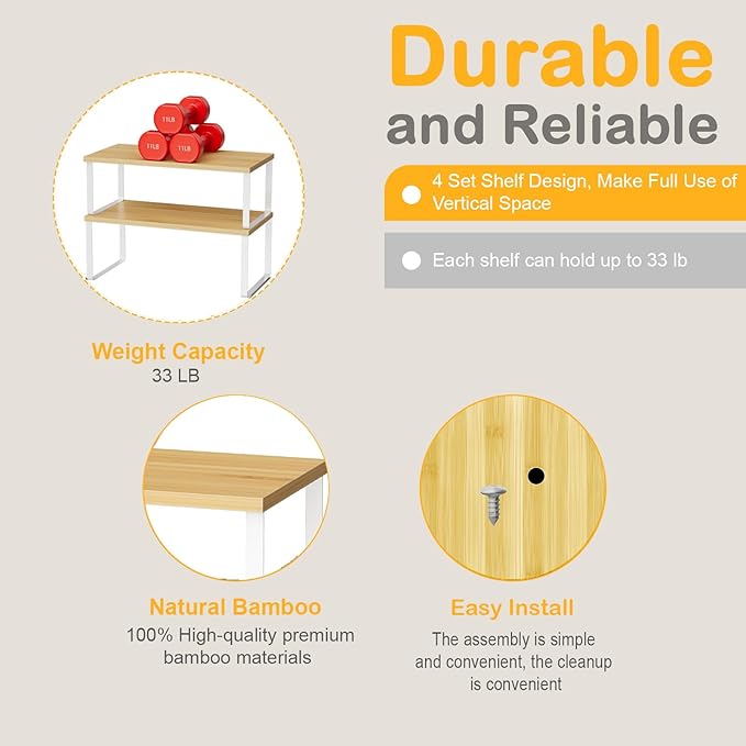 Cabinet Shelf Organizers, 15.7 inches Large Kitchen Counter Shelf, Set of 4 Wood Kitchen Pantry Organizer, Storage Shelves for Countertop, Spice Rack, Stackable, Expandable, Metal White, Nature-NeatNest