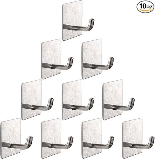 Bath Towel Hooks -10 Pack Strong Self Adhesive Coat/Clothes Hooks, No Drilling Sticky Hooks, Heavy Duty 304 Stainless Steel Shower Wall Hook for Bathroom Kitchen Bedroom(Brushed Nickel)