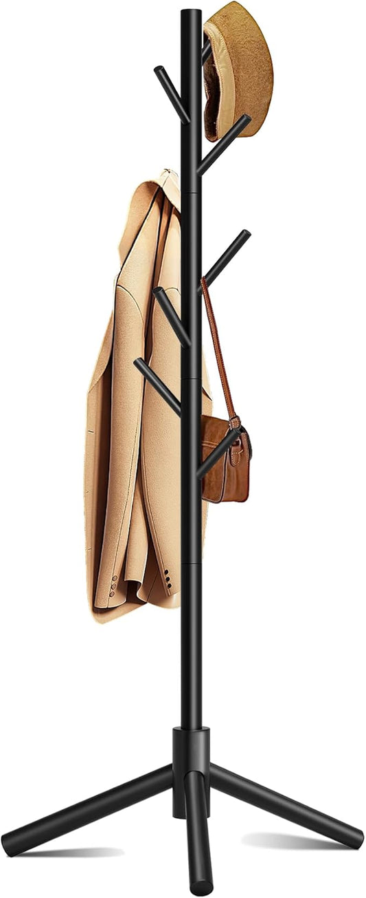 Wooden Coat Rack, Free Standing Coat Rack with 8 Hooks 3 Adjustable Heights for Clothes, Hats, Handbags, Coat Tree Easy Assembly for Entryway, Bedroom, Hallway, Office (New Black)-NeatNest