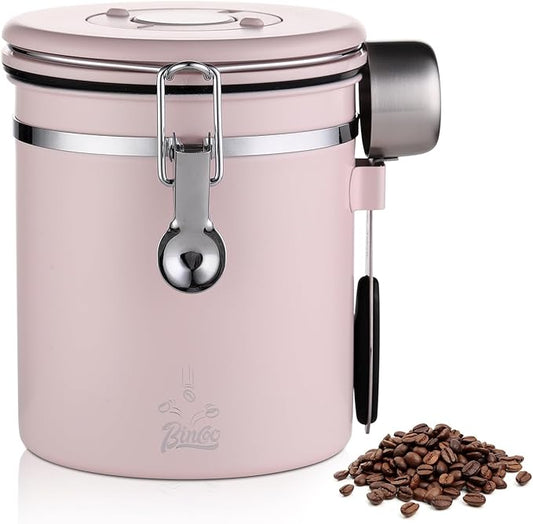 Bincoo Premium Pink Coffee Canister, 1500ml/18oz Large Airtight Stainless Steel Coffee Bean Storage Container with Date Tracker & Scoop (1500ML)-NeatNest