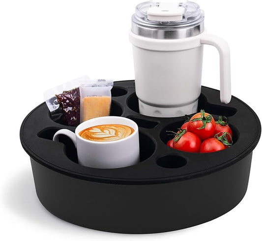 Round 7-in-1 Bed & Couch Cup Holder Tray,Waterproof Silicone Sofa and Bed Organizer Caddy,Large Capacity Couch Drink Holder Caddy for Remote Control Drinks, Snacks, Cell Phones, Headphones-NeatNest