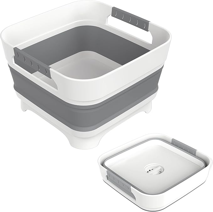 2.4 Gal Collapsbile Wash Basin with Drian Plug,9L Dish Pan for Soaking Baby Bottles,Portable Sink, Multiuse Foldable Bucket,Ice Beverage Tubs for Camping, Vegetable Washing, RV (Gray)-NeatNest