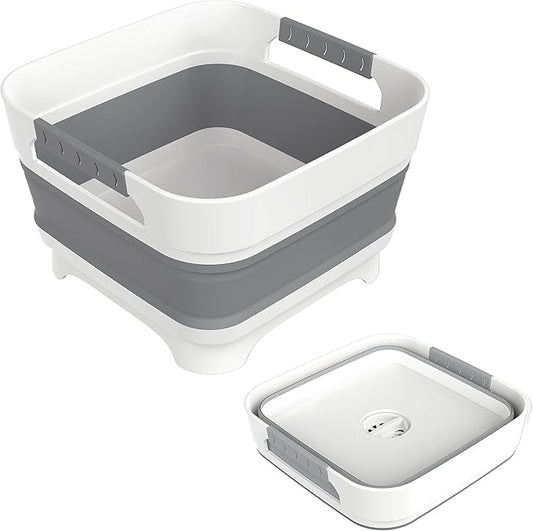 2.4 Gal Collapsbile Wash Basin with Drian Plug,9L Dish Pan for Soaking Baby Bottles,Portable Sink, Multiuse Foldable Bucket,Ice Beverage Tubs for Camping, Vegetable Washing, RV (Gray)-NeatNest
