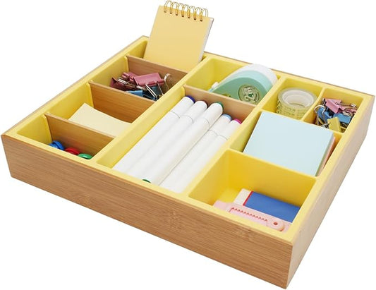 Bamboo Desk Drawer Organizer Tray, Silicone Junk Drawer Organizer with 10 Adjustable Compartments, Sturdy Desk Organizers and Accessories with 4 Removable Dividers for Office Home (Yellow)-NeatNest