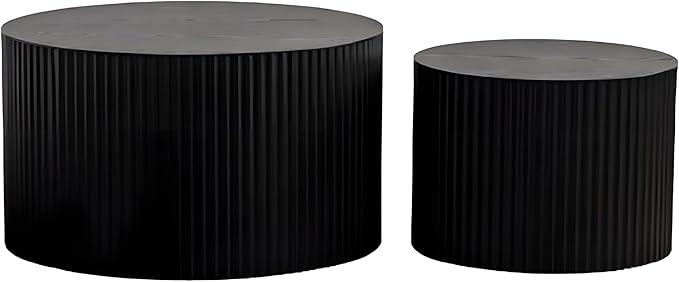 Nesting Coffee Table Set of 2 Wood Circle Drum Coffee Tables Set Contemporary Fluted Coffee Table Round Wooden Coffee Tables for Living Room & Small Space (Black, 27.5 +19.6in)