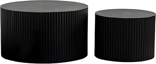 Nesting Coffee Table Set of 2 Wood Circle Drum Coffee Tables Set Contemporary Fluted Coffee Table Round Wooden Coffee Tables for Living Room & Small Space (Black, 18.9 +14.9in)