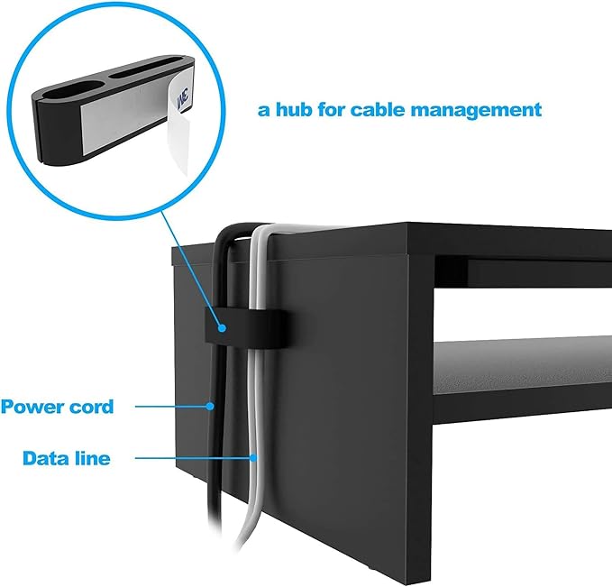 BONTEC Wood Monitor Stand Riser, 2-Tier Desktop Organizer with Storage, Ergonomic Computer Stand for Desk, Cable Management, Cellphone Holder, 21.3 Inch Shelf, Black-NeatNest
