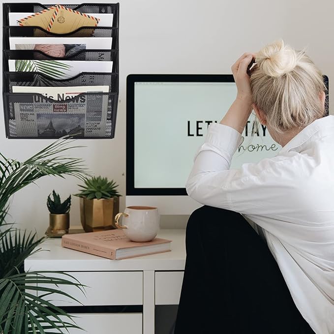 COSYAWN Wall File Holder 5 Pocket Mesh Hanging Wall Organizer Vertical Hanging File Folder Holder Magazine Rack with Nametag Label for Mail Paper Organization,Black-NeatNest