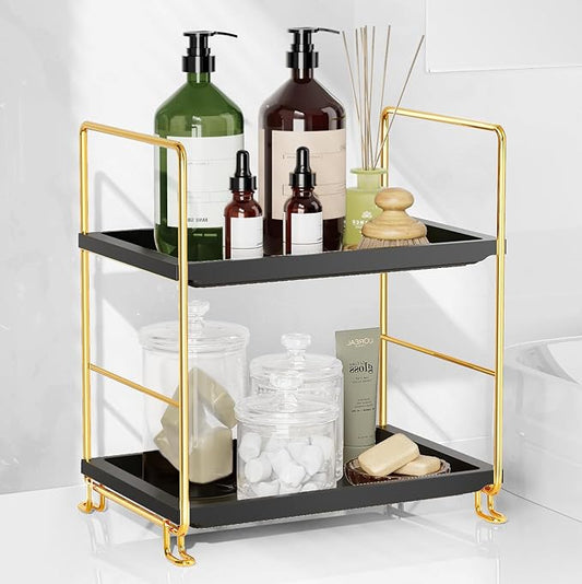 FSyueyun 2-Tier Bathroom Countertop Organizer, Tool-Less Installation Premium Plastics Makeup Shelf Organizer Perfume Skincare for Dresser Vanity Tray Organizers and Storage (Gold & Black)-NeatNest