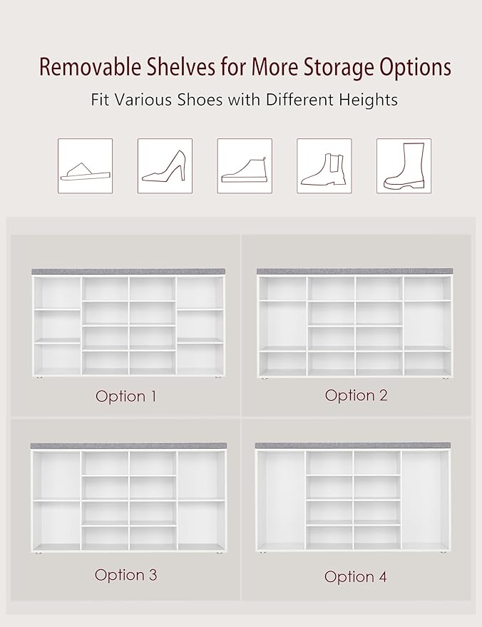 DINZI LVJ Shoe Storage Bench with Cushion, 14-Cubby Shoe Rack, Adjustable Shelves, Multifunctional Shoe Organizer Bench for Entryway, Mudroom, Hallway, Living Room, Bedroom and Garage, White-NeatNest