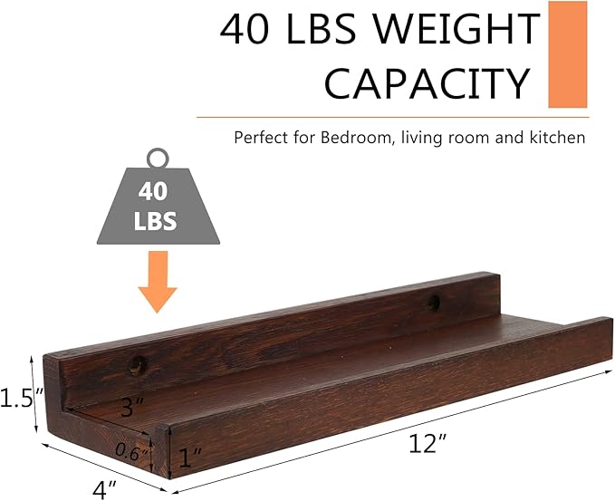 12 Inch Floating Shelves Wall Mounted, Rustic Wall Shelves for Decor and Storage, Solid Walnut Wood Shelf, Picture Ledge for Bedroom/Bathroom/Living Room/Kitchen, Walnut Color, 12*4*1.5 (1 Pack)-NeatNest