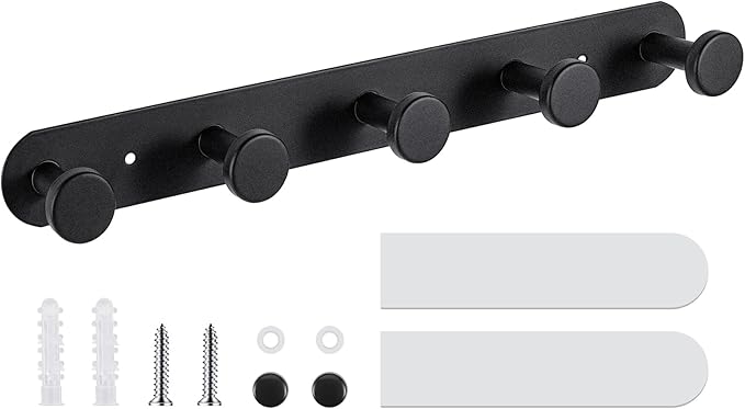 Coat Hooks Wall Mounted, Black Coat Rack with 5 Hooks Adhesive & Screw in Door Hooks Heavy Duty Coat Hanger Towel Hooks for Wall Towels Clothes Hat-NeatNest