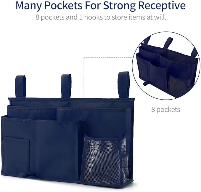Bseash Bunk Bed Organizer, Bedside Caddy Hanging Bed Organizer Storage Bag 8 Pockets, for College Dorm Rooms Bed, Hospital Bed, Baby Bed Rails, 600D Oxford Cloth (Navy Blue)-NeatNest