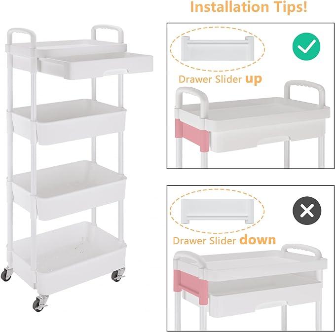 Calmootey 4-Tier Rolling Utility Cart with Drawer,Multifunctional Storage Organizer with Plastic Shelf & Metal Wheel,Storage Cart for Kitchen,Bathroom,Living Room,Office,White-NeatNest