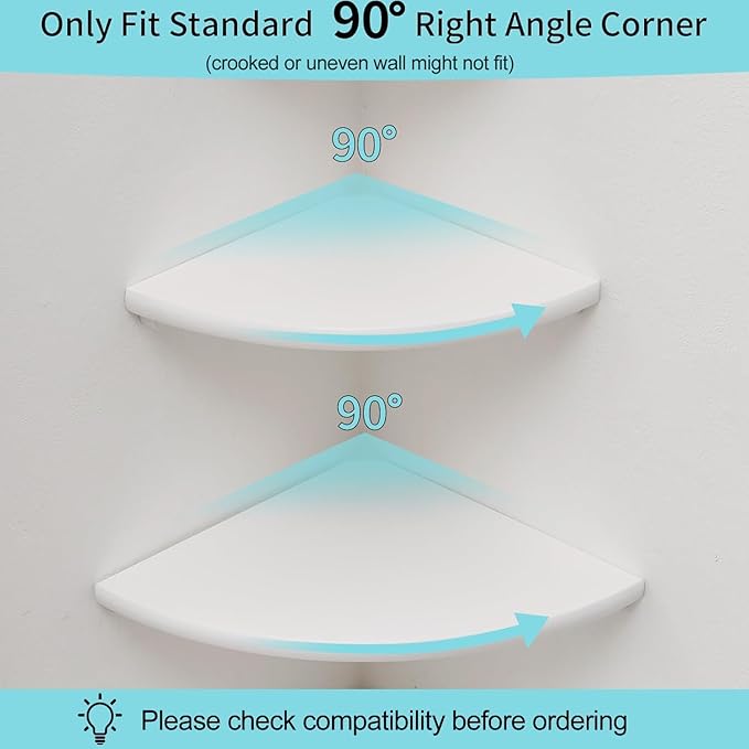 Corner Shelf, Solid Oak Wood Floating Corner Shelf Wall Mount Round End Floating Speaker with Wire Hole for Small Plant Photo for Bedroom Kitchen, Living Room White-NeatNest