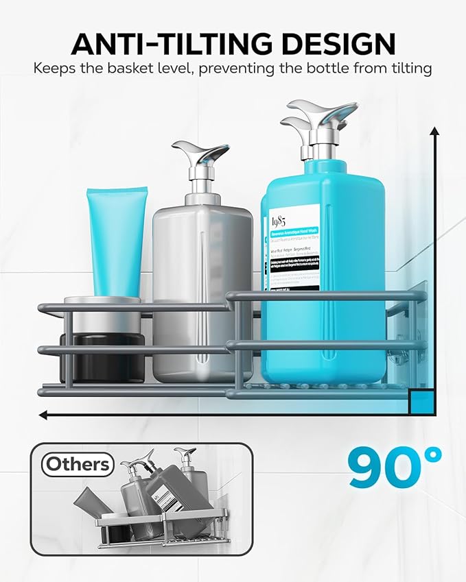 Nieifi Adhesive Corner Shower Caddy Shelf Basket Rack with Hooks, Rust Proof Stainless Steel Bathroom Shelf Shampoo Holder No Drilling (Gray)