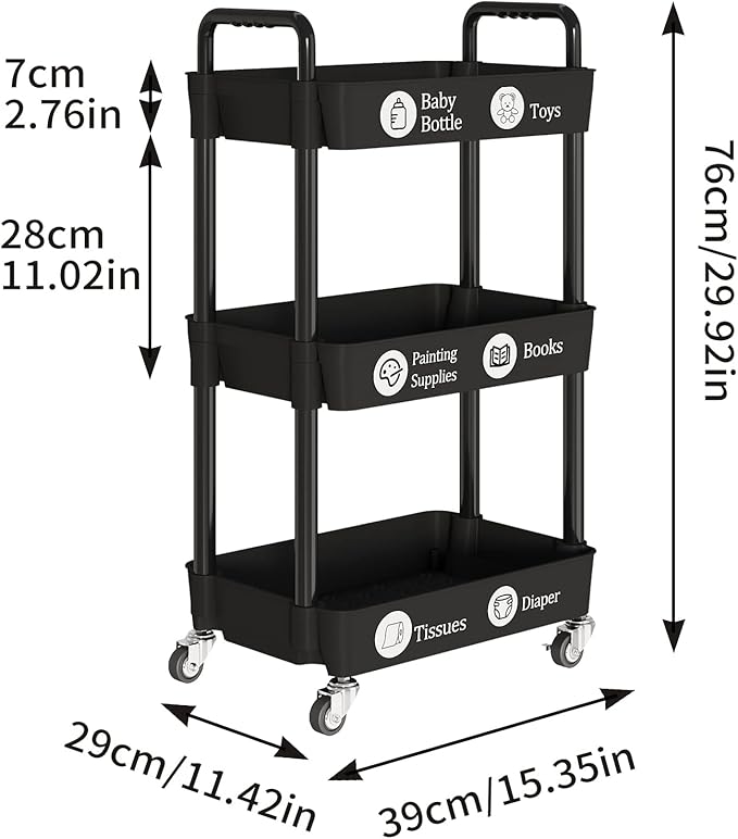 Laiensia 3-Tier Kitchen Storage Cart,Multifunction Utility Rolling Storage Organizer,Mobile Shelving Unit Cart with Lockable Wheels for Bathroom,Laundry,Living Room,With Classified Stickers,Black-NeatNest