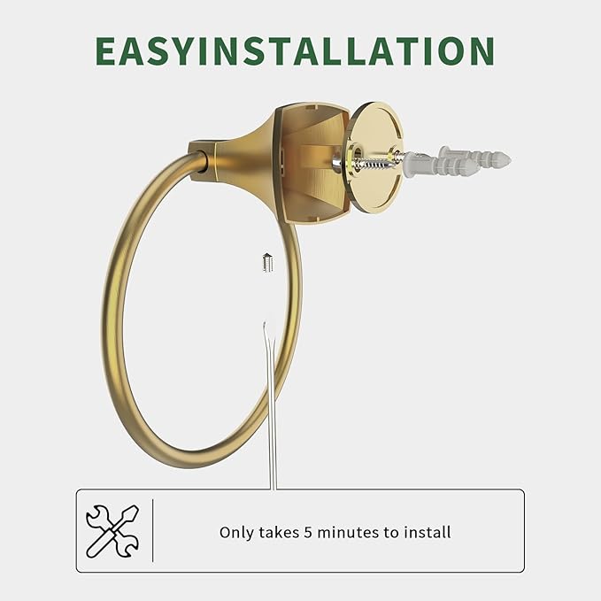 Hand Towel Holder for Bathroom Brushed Gold Towel Ring Stainless Steel and Zinc Alloy Towel Hanger Wall Mount for Bath, Kitchen, 2 Pack