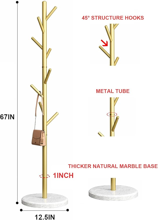 Freestanding Coat Rack with Natural Marble Base, 7 Heavy-Duty Hooks, Adjustable Height for Bedroom/Office/Hallway (Gold)-NeatNest