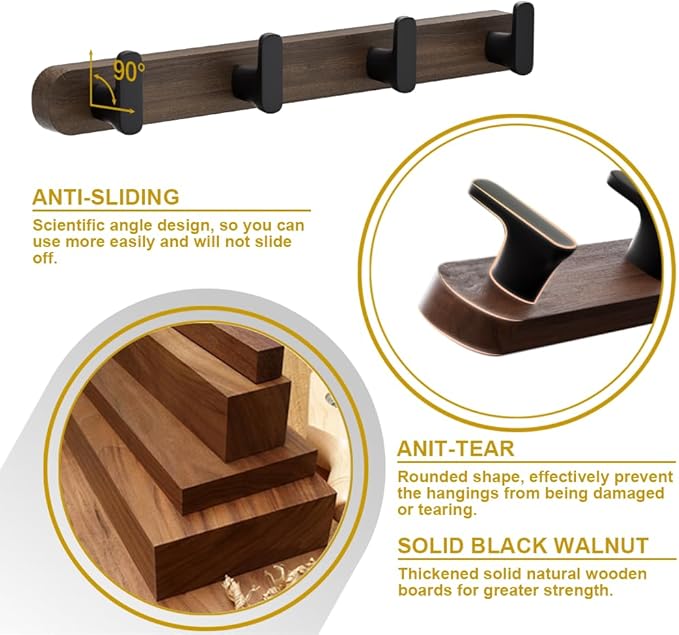 Coat Rack Wall Mount，Solid Walnut Wall Mounted Coat Rack with 4 Heavy Duty Wall Hooks for Hanging Coats，Backpacks，Towels，etc. Coat Hooks Wall Mount for Entryway, Bathroom,etc, Walnut+Black-NeatNest